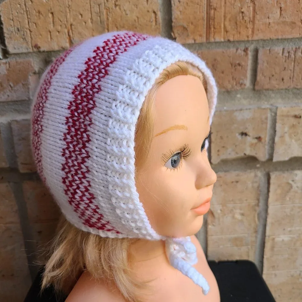 Baby Girl Knit Hat Bonnet White Red Front Tie Handmade Size 5-9 Months